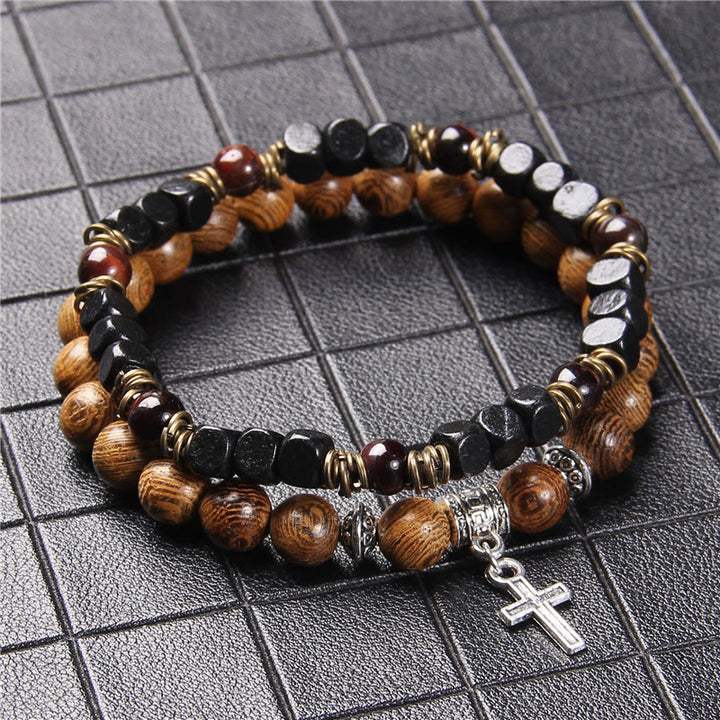 Bracelet homme double couche avec pendentif croix en pierre naturelle Olivenorma