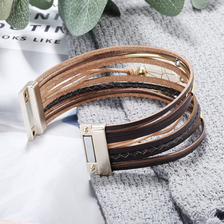 Bracelet en cuir tressé avec perles d'eau douce naturelles Olivenorma