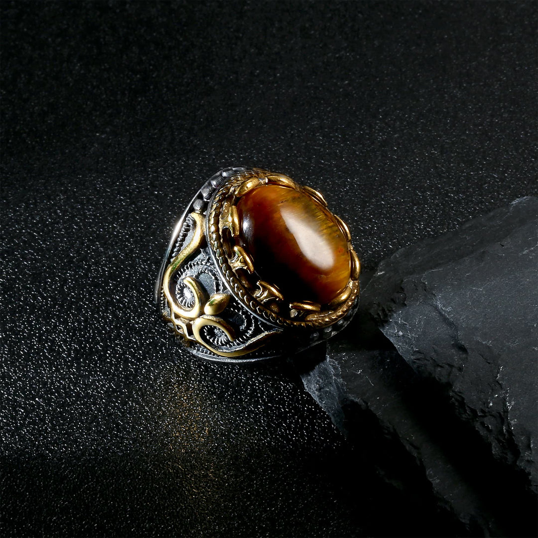 Bague rétro Olivenorma pour homme avec grande pierre œil de tigre