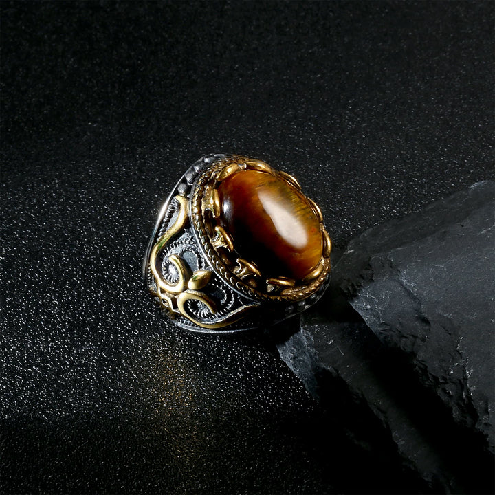 Bague rétro Olivenorma pour homme avec grande pierre œil de tigre
