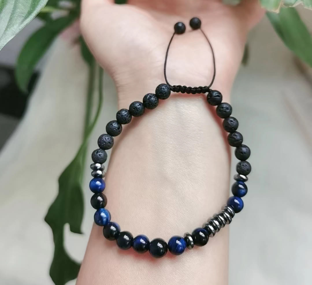 Bracelet homme en perles d'oeil de tigre bleu naturel de 6 mm Olivenorma