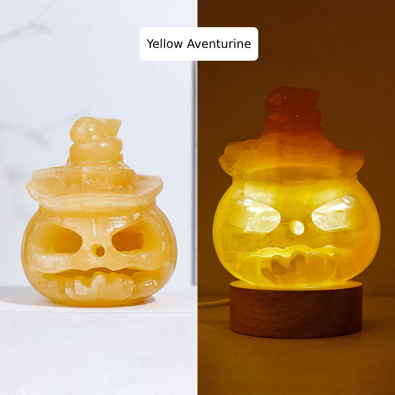 Lampe décorative en pierre précieuse sculptée en forme de crâne de citrouille en aventurine jaune Olivenorma