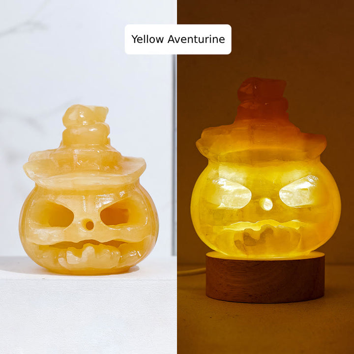 Lampe décorative en pierre précieuse sculptée en forme de crâne de citrouille en aventurine jaune Olivenorma