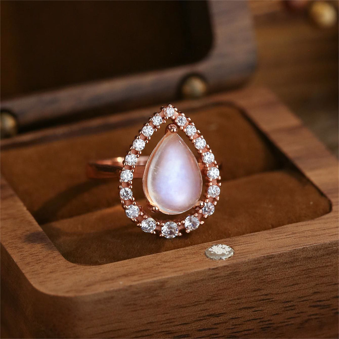 Bague Olivenorma en or rose S925 avec zircon blanc et pierre de lune en forme de goutte d'eau