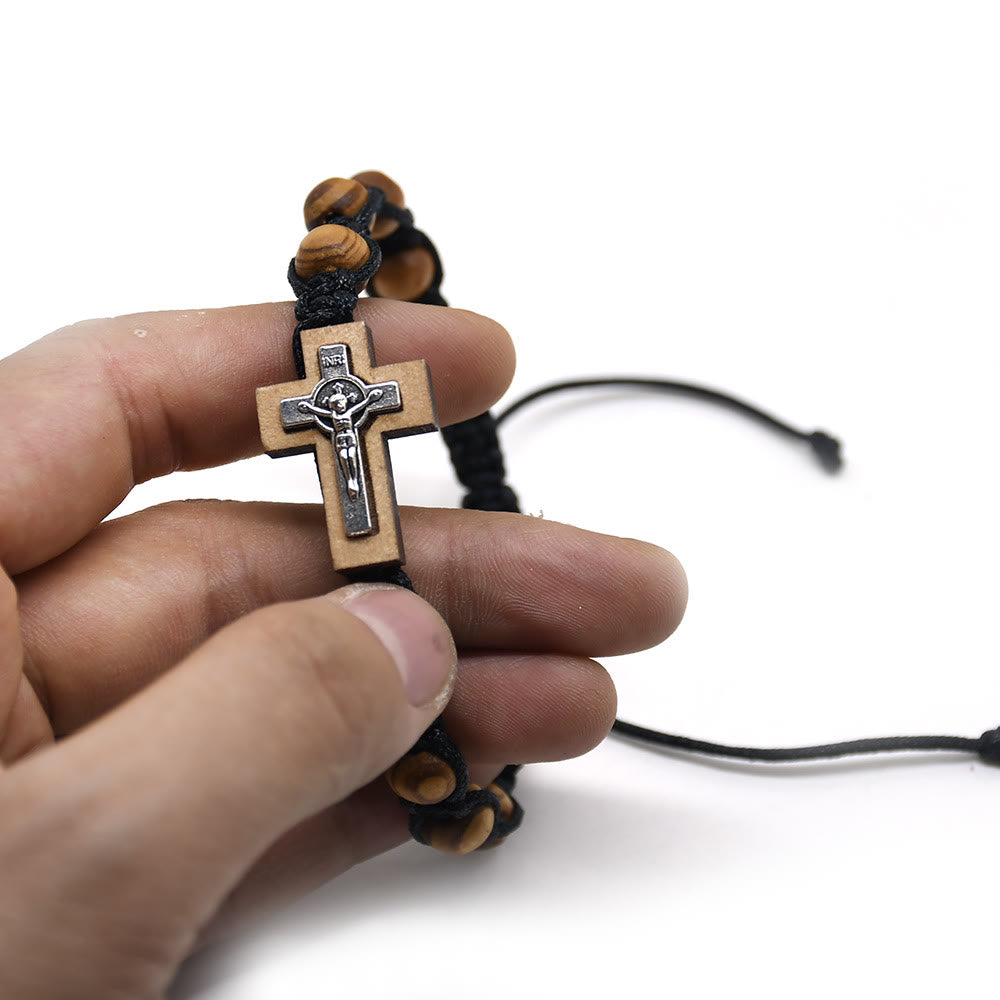 Bracelet chapelet en bois avec croix de Jésus Olivenorma