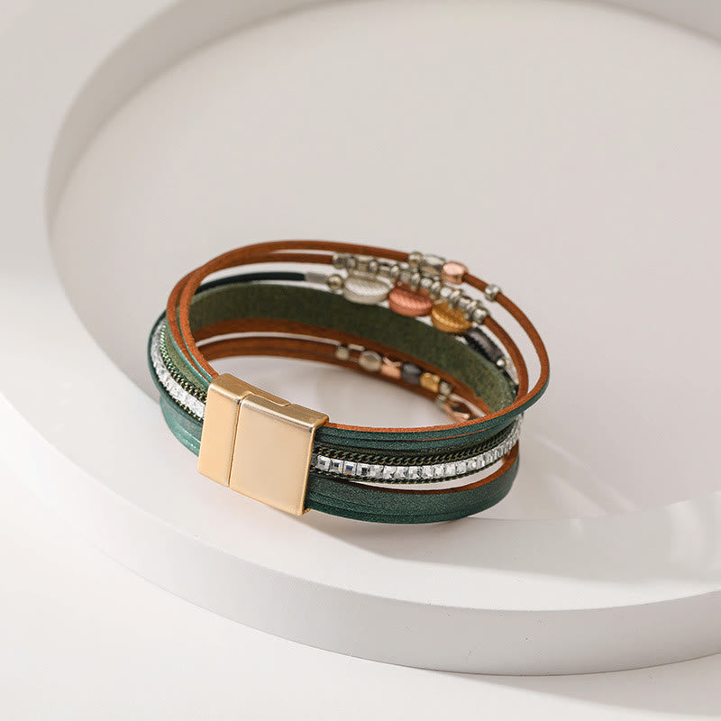 Bracelet en cuir à plusieurs niveaux avec feuille de zircon blanc et hématite Olivenorma