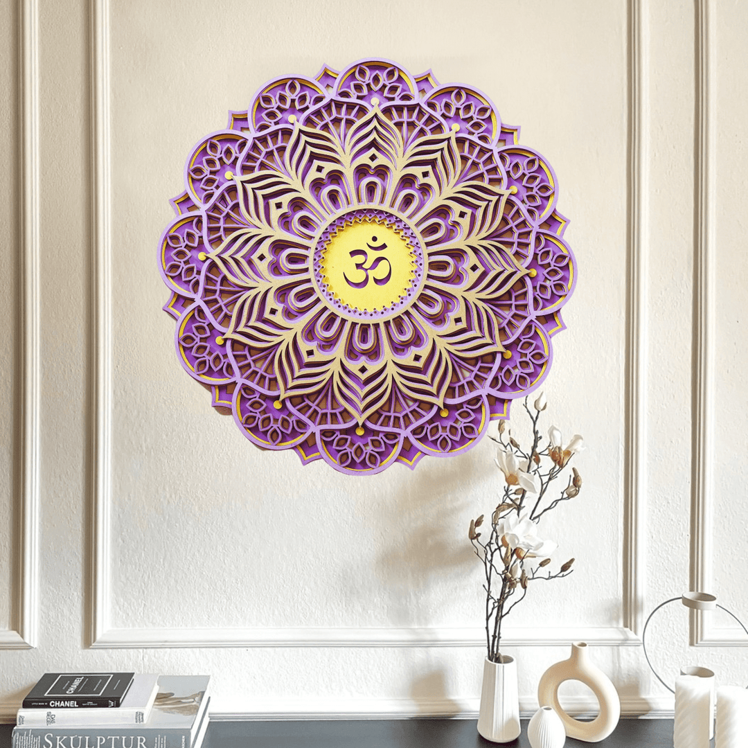 Décoration murale sculptée 3D Olivenorma violet rose Om Hamsa Chakra