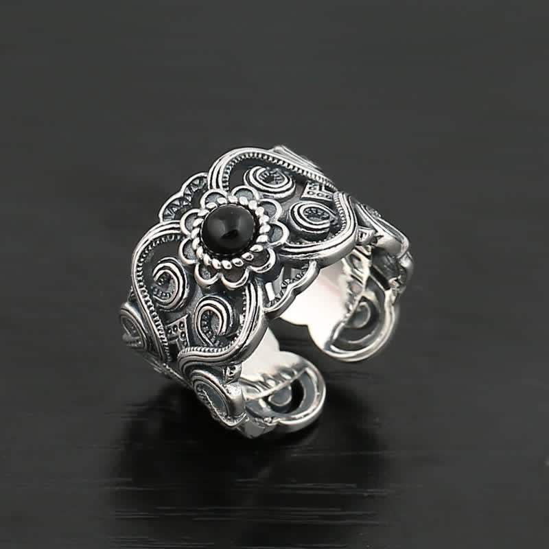 Bague ajustable à motif ethnique en onyx noir Olivenorma