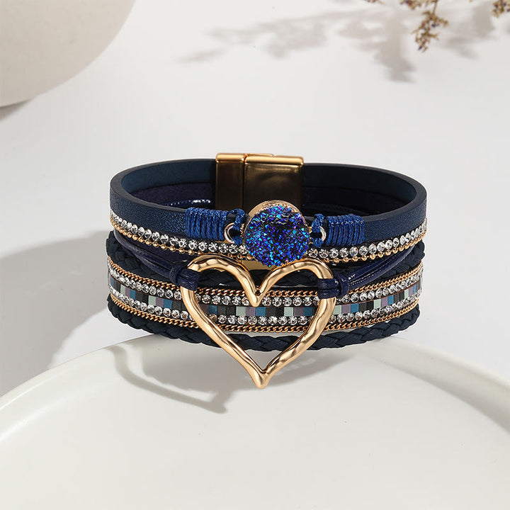 Bracelet en cuir tressé avec cœur métallique et grappe de cristaux multicolores Olivenorma