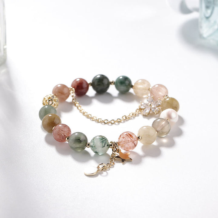 Bracelet de perles en or, quartz rutile et tourmaline, étoile et lune , Olivenorma