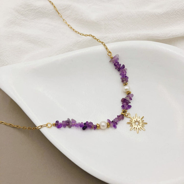 Collier pendentif étoile à 16 branches en perles d'améthyste irrégulières Olivenorma