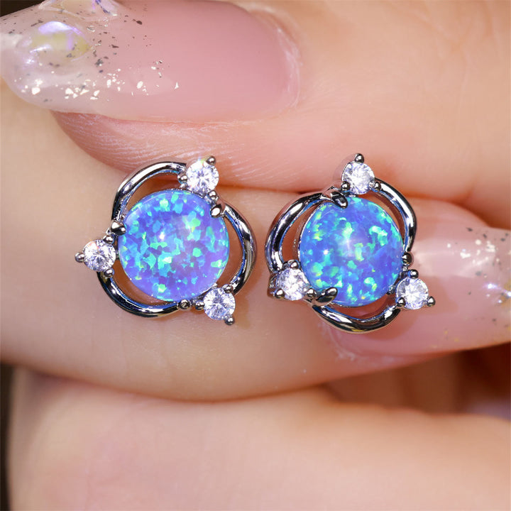 Boucles d'oreilles à tige rondes en zircon blanc et opale Olivenorma