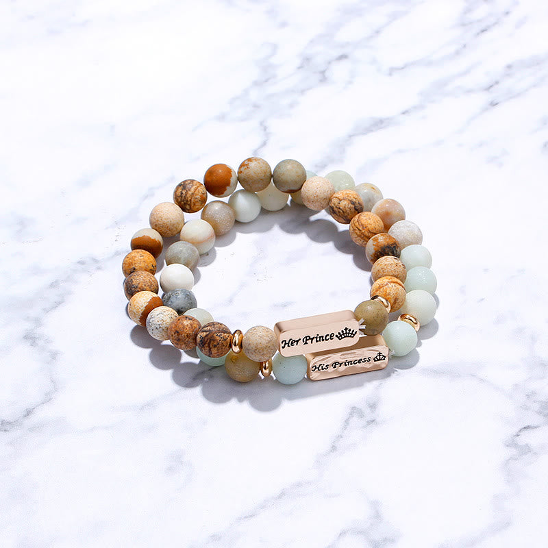 Bracelet gravé en 2 pièces avec pierres précieuses naturelles Olivenorma His Princess Her Prince