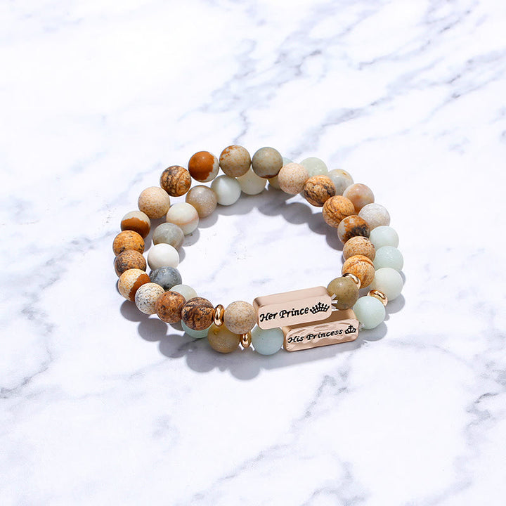 Bracelet gravé en 2 pièces avec pierres précieuses naturelles Olivenorma His Princess Her Prince