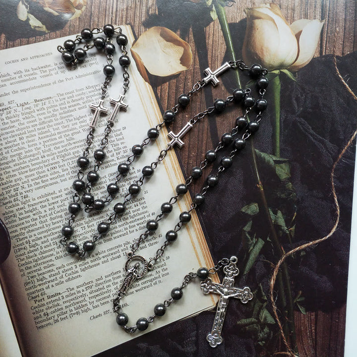 Collier chapelet avec croix en hématite et médaille de Jésus Olivenorma
