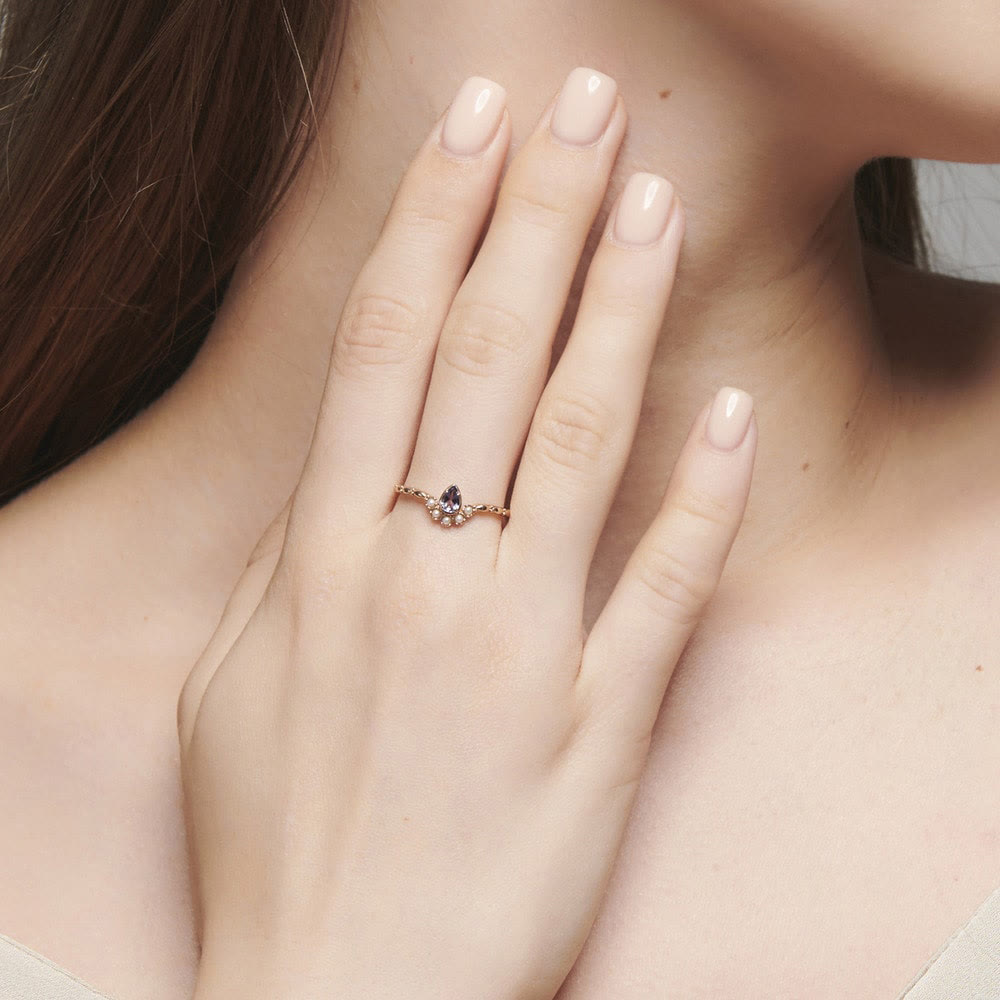 Bague double couche en forme de larme avec saphir et perle S925 Olivenorma