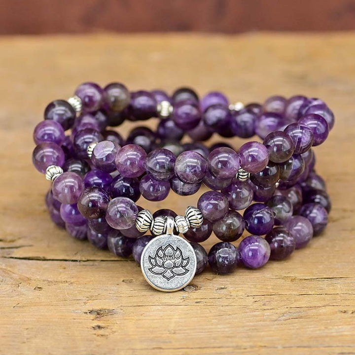 Collier et bracelet Mala symbole lotus améthyste Olivenorma