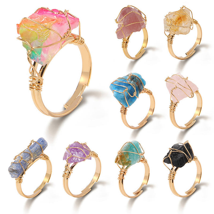 Bague en pierre précieuse naturelle irrégulière enroulée en fil de fer brut Olivenorma