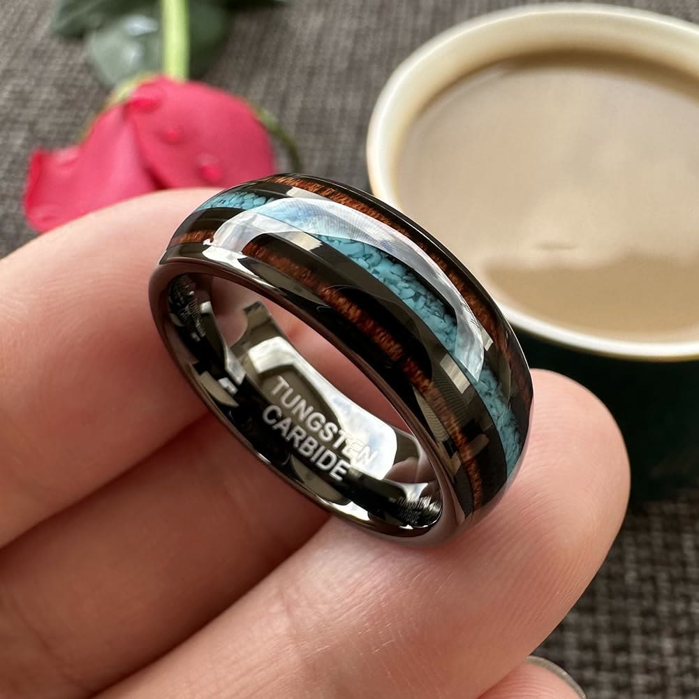 Bague en carbure de tungstène poli Olivenorma Wood Turquoise 8 mm