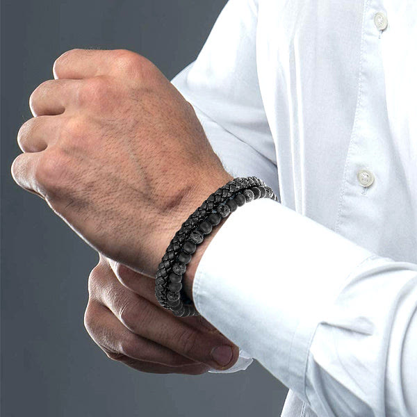 Bracelet double couche en cuir et corde d'œil de tigre naturel Olivenorma