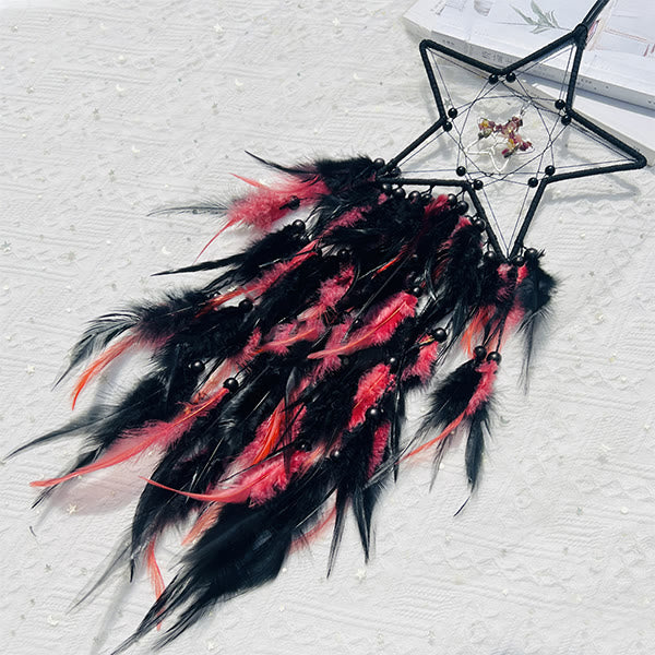 Attrape - rêves en tourmaline noire et rose avec plumes