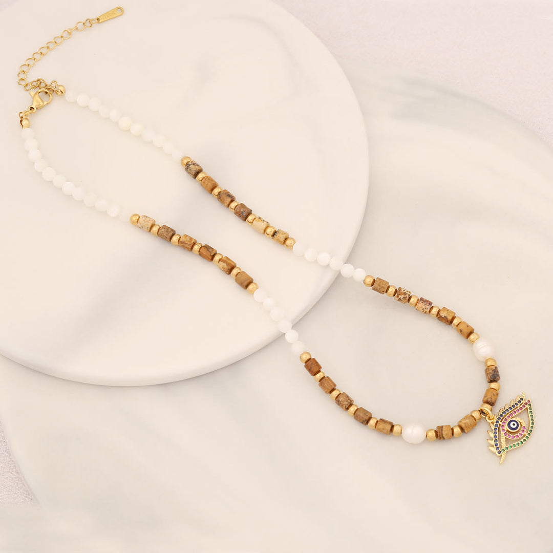 Collier pendentif mauvais œil en pierre de cristal de perle naturelle Olivenorma