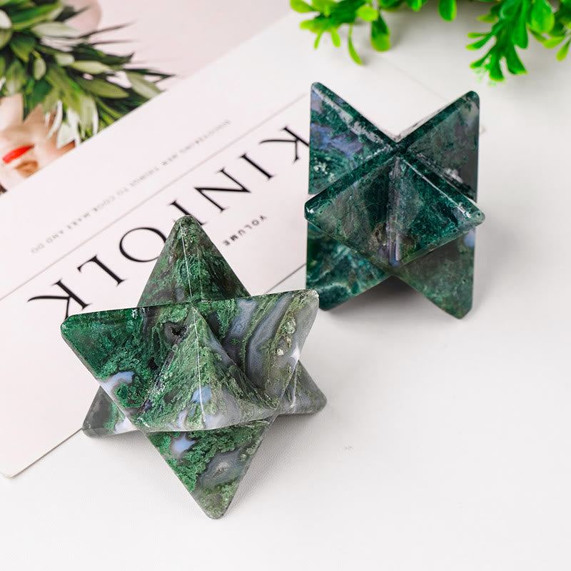 Décoration en pierre précieuse ornementale Merkaba en agate mousse naturelle Olivenorma