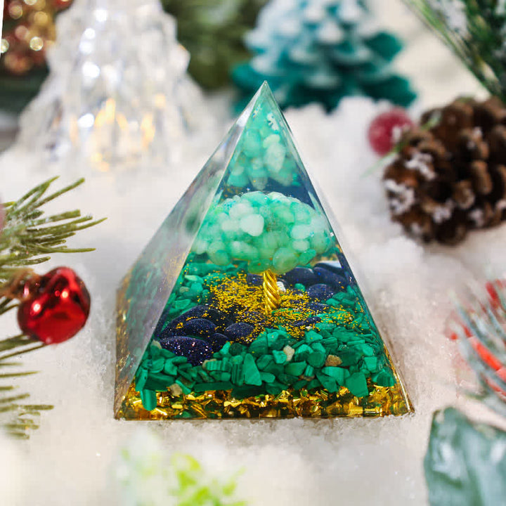 Olivenorma « Forêt verte » – Pyramide d'orgone de l'arbre de vie en malachite