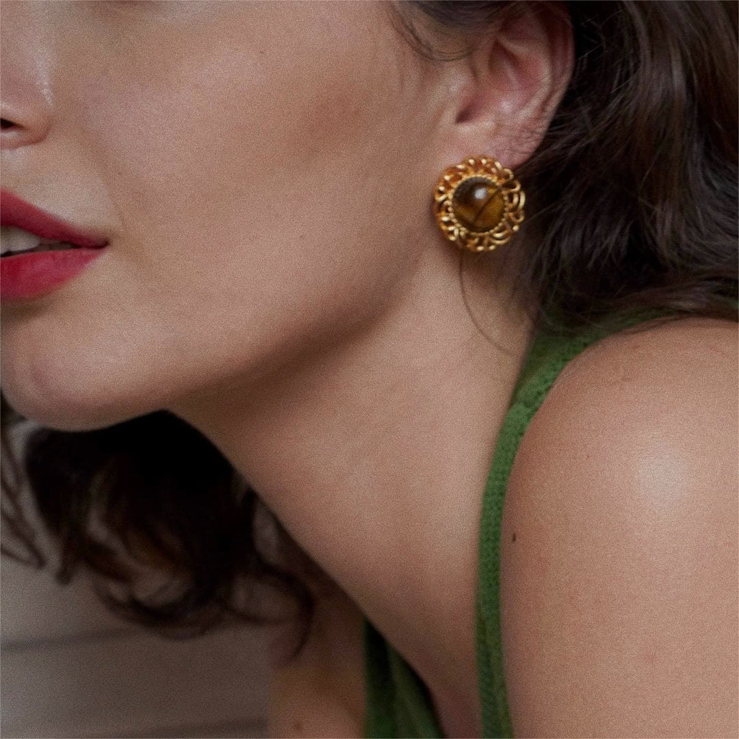 Boucles d'oreilles en or avec tournesol et œil de tigre Olivenorma