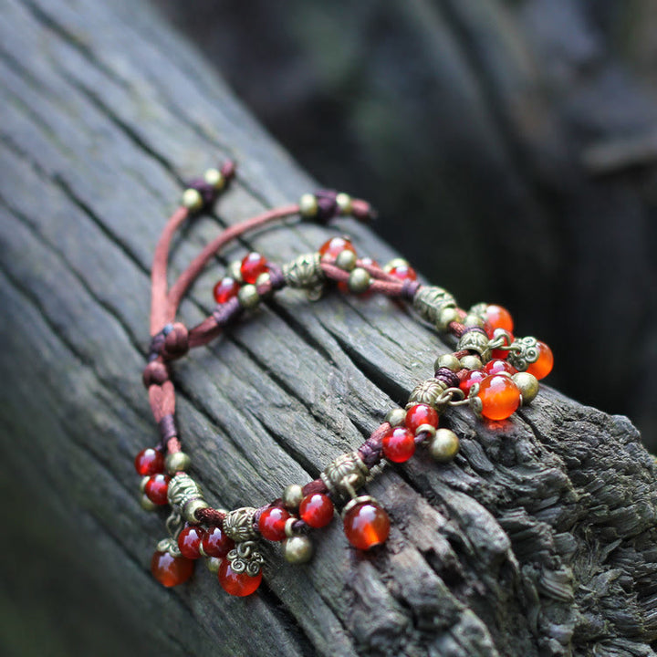 Bracelet de cheville tissé en perles d'agate rouge et de jade vert Olivenorma