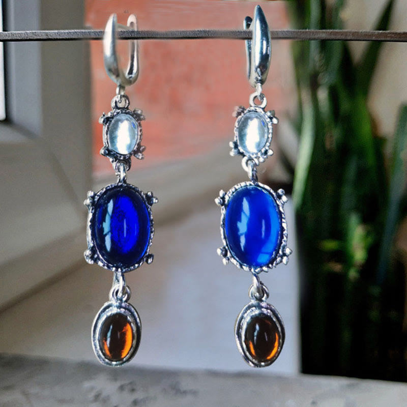 Boucles d'oreilles de sorcière ethniques en saphir et pierre de lune ovale Olivenorma