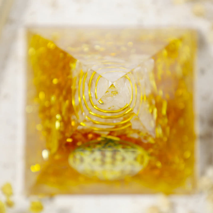 Citrine Olivenorma Richesse Cube de Métatron Pyramide d'orgone