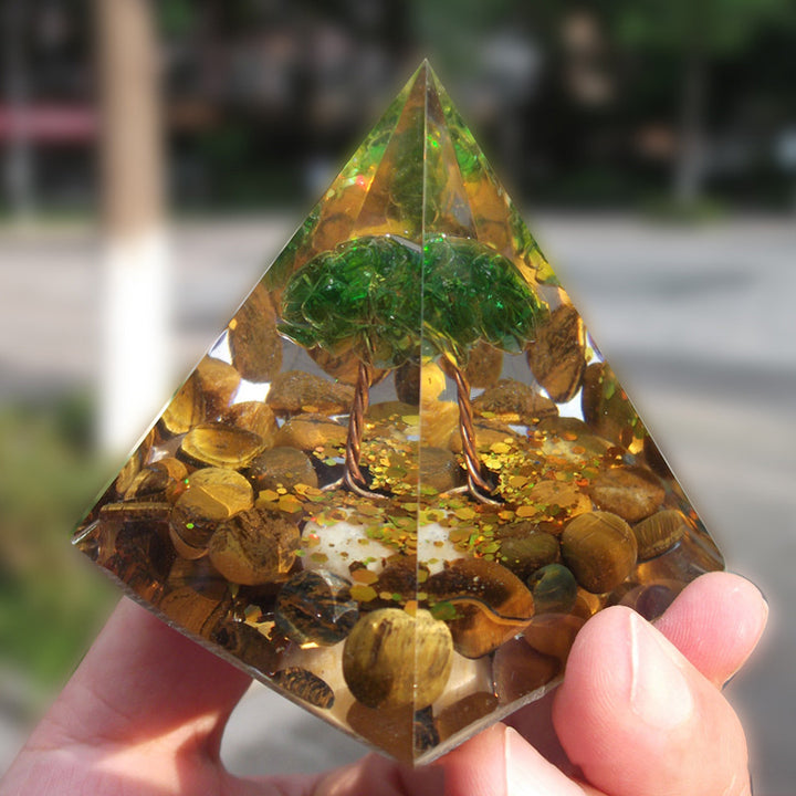 Pyramide d'orgone de guérison de l'arbre de vie Olivenorma Tiger Eye avec péridot