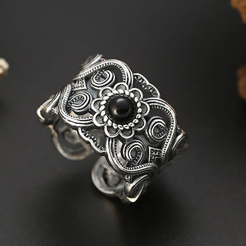 Bague ajustable à motif ethnique en onyx noir Olivenorma