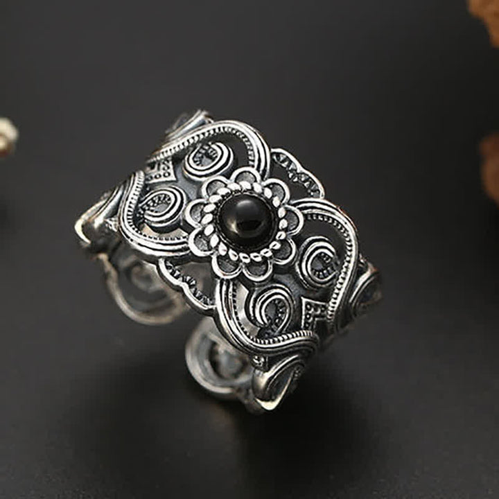 Bague ajustable à motif ethnique en onyx noir Olivenorma