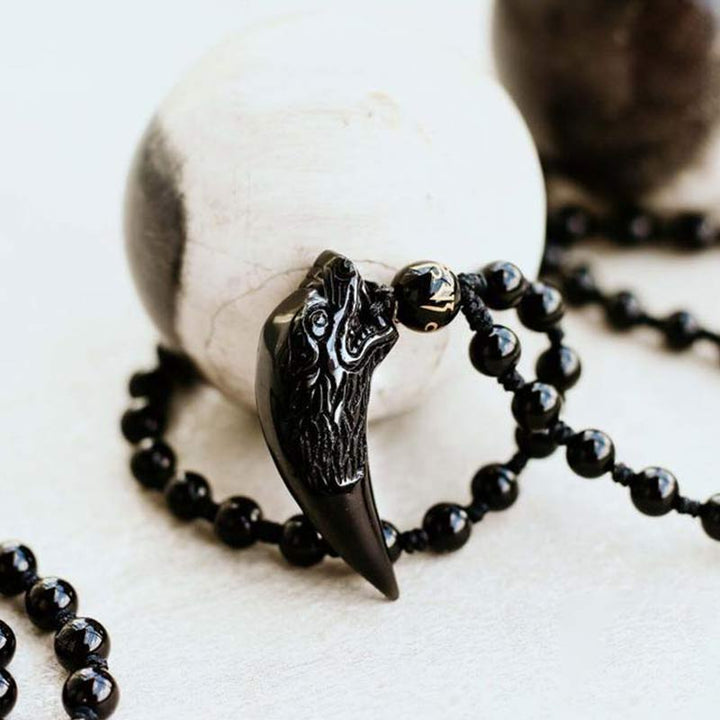 Collier Loup en Obsidienne Glacée