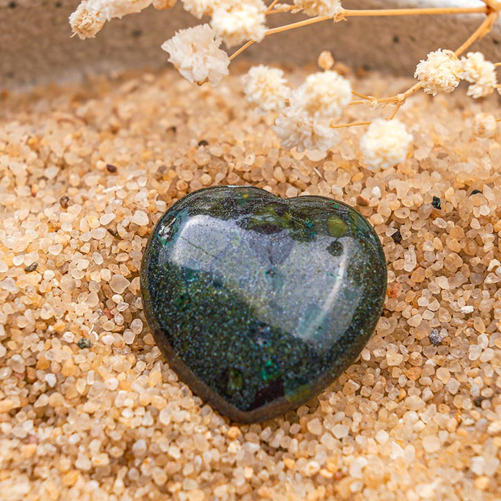 Cristal de croissance spirituelle en forme de cœur en unakite Olivenorma