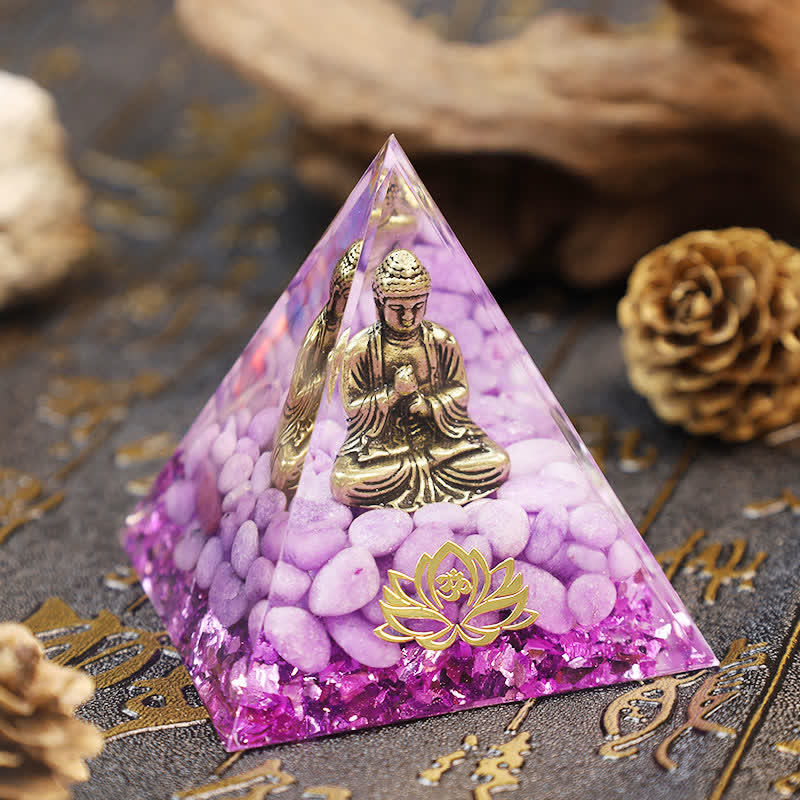 Olivenorma Bouddha Lotus avec pyramide d'orgone en violet de jade