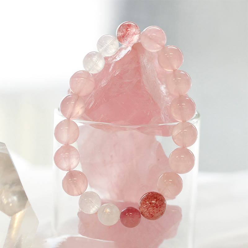 Bracelet en perles de quartz transparent rose fraise Olivenorma