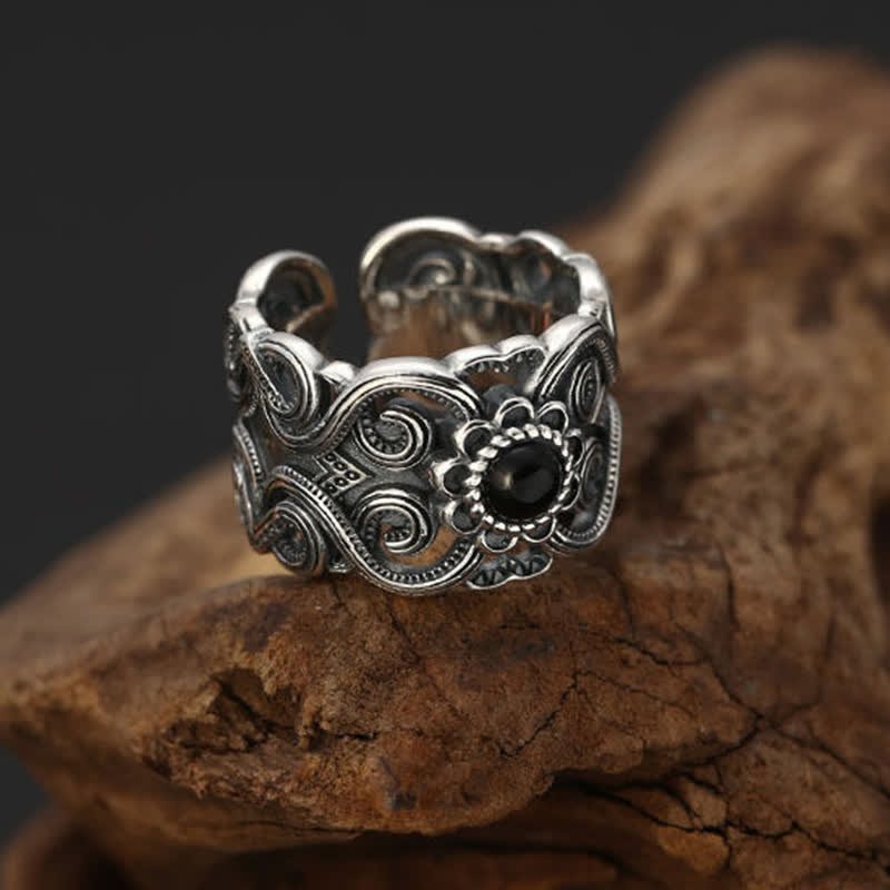 Bague ajustable à motif ethnique en onyx noir Olivenorma