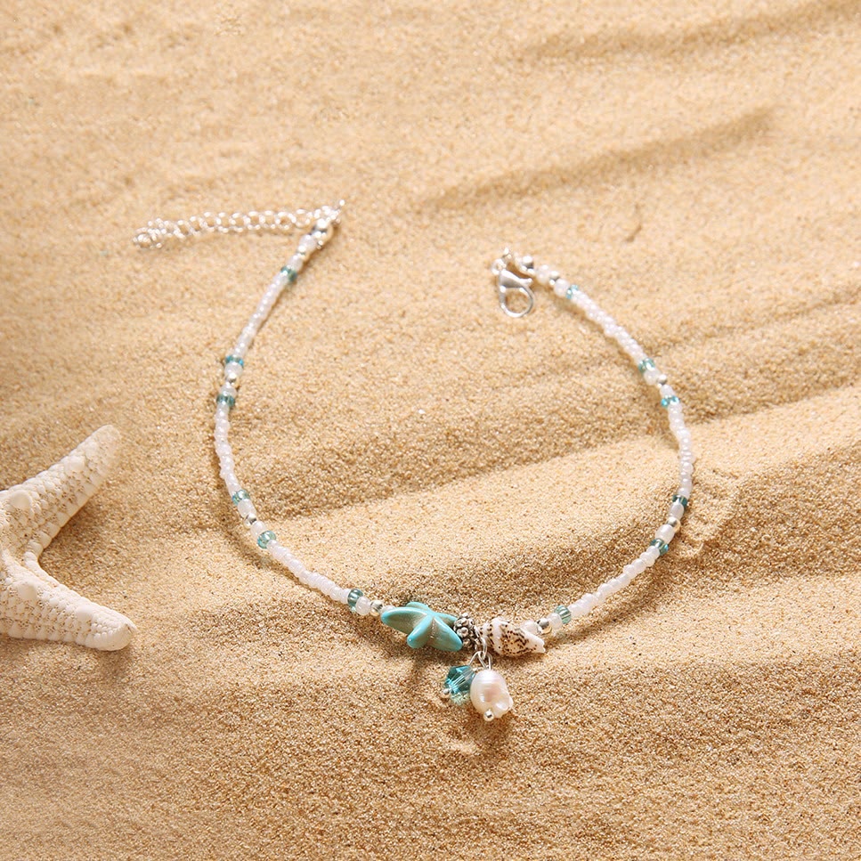 Bracelets de cheville Olivenorma en perles d'eau douce, turquoise, étoile de mer et coquillage