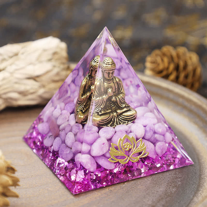 Olivenorma Bouddha Lotus avec pyramide d'orgone en violet de jade