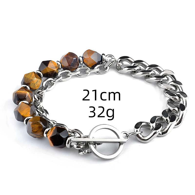 Bracelet en acier inoxydable avec onyx noir à facettes et œil de tigre Olivenorma