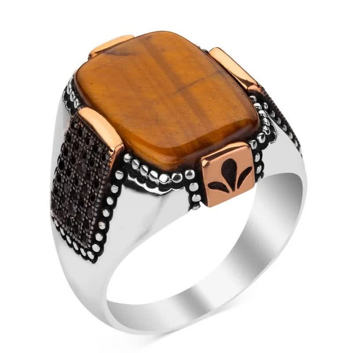 Bague à large bord pour homme en œil de tigre carré Olivenorma