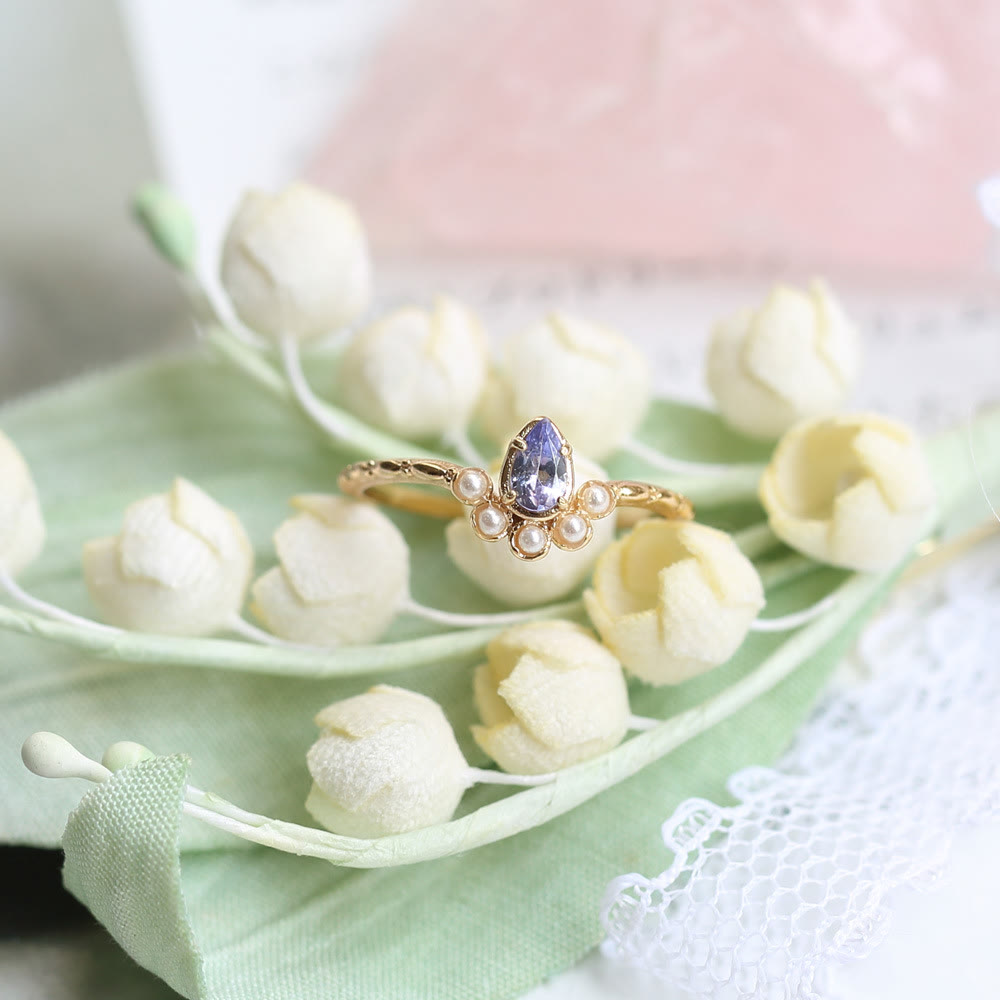 Bague double couche en forme de larme avec saphir et perle S925 Olivenorma