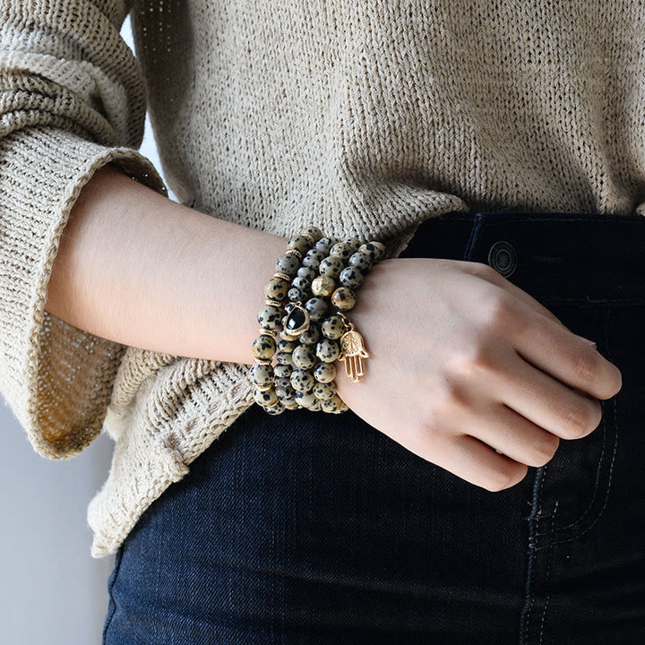 Bracelet pendentif Hamsa en obsidienne et jaspe dalmatien naturel Olivenorma