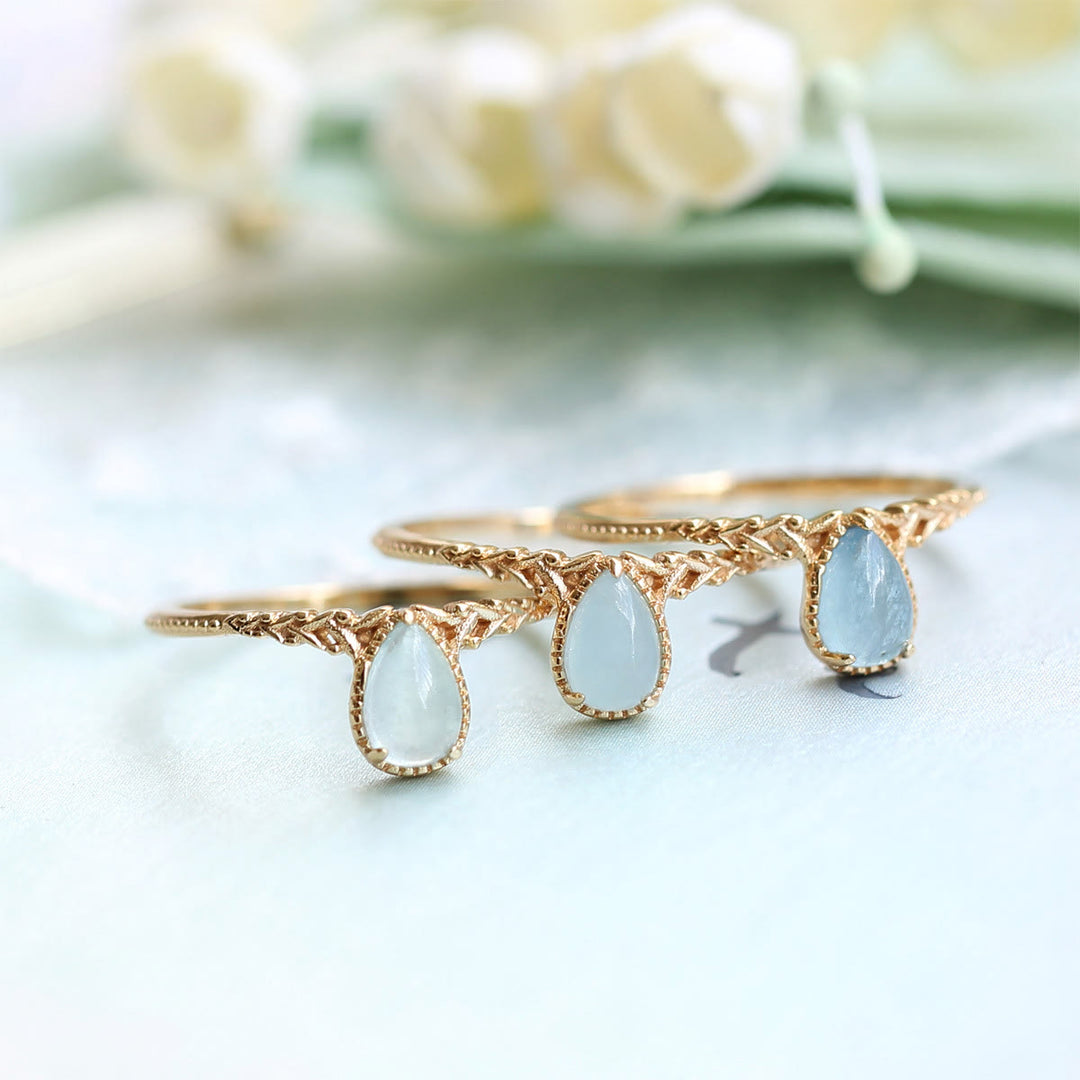 Bague en forme de goutte d'eau et de feuille d'aigue-marine naturelle Olivenorma