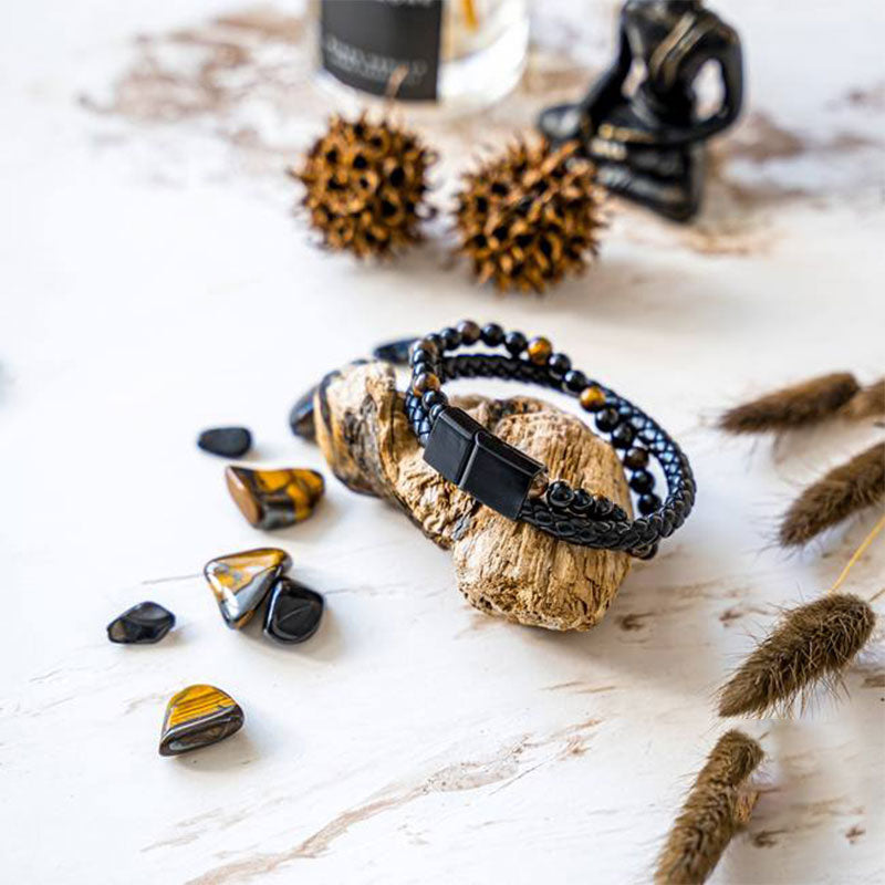 Bracelet en cuir tressé pour homme avec œil de tigre