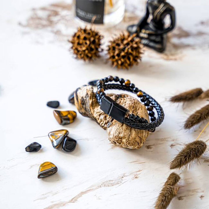Bracelet en cuir tressé pour homme avec œil de tigre