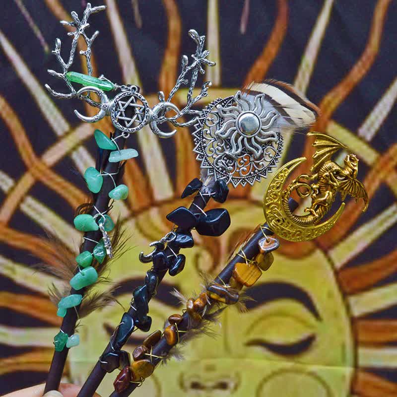 Baguettes de cristal en forme de lune féerique naturelle Olivenorma avec plumes